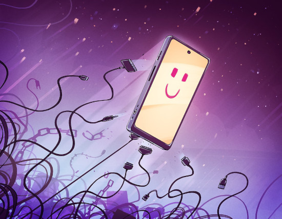 Happy looking smartphone that frees itself from the power plug in front of a galactic background