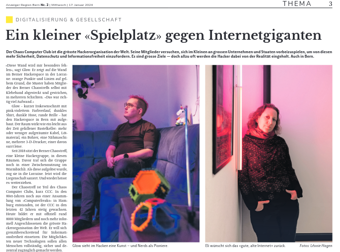 Screenshot vom Artiel im Anzeiger. Es hat Fotos von zwei Mitgliedern des Chaostreff Berns